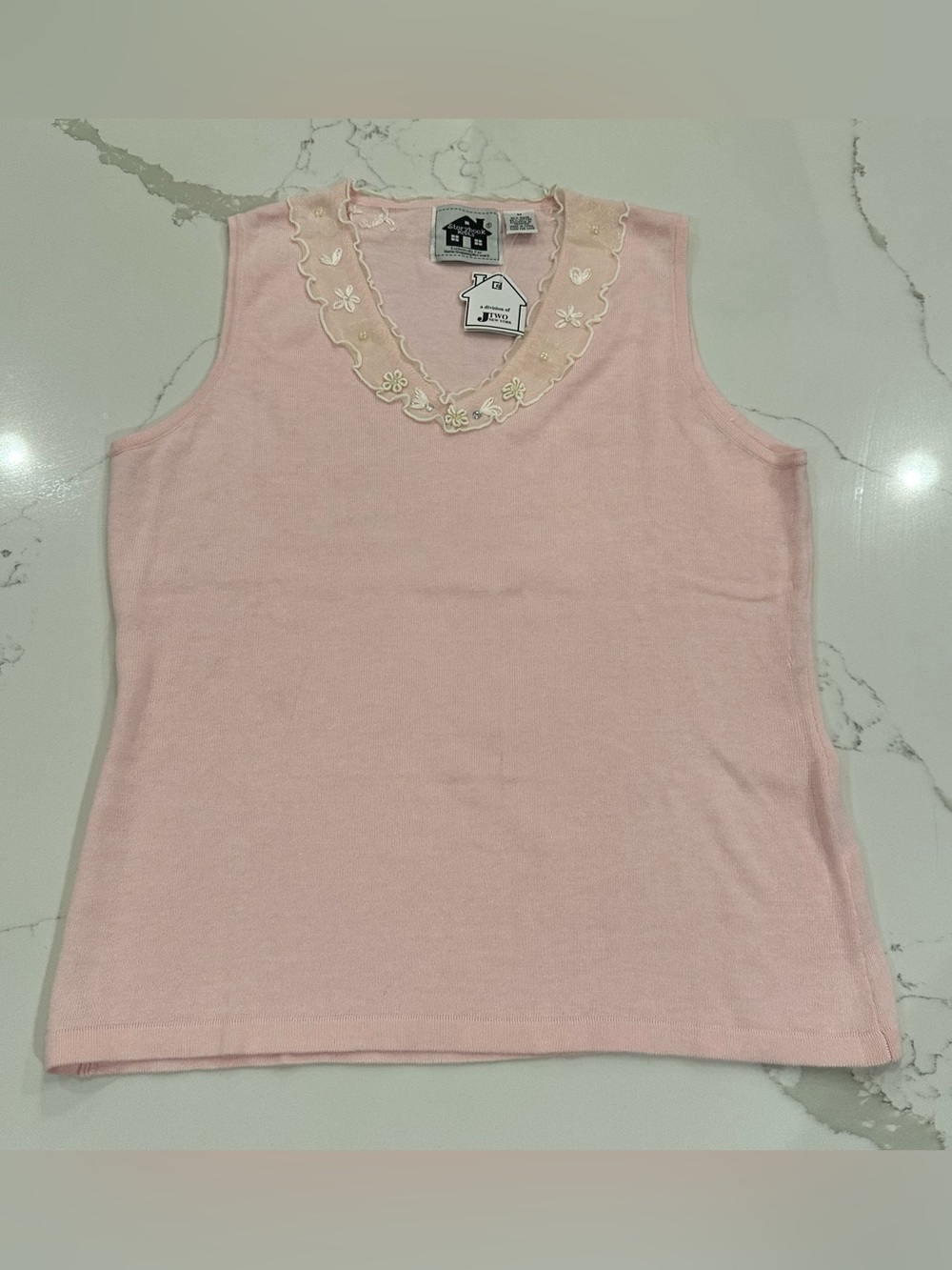 VTG Storybook Knits Pink Soft Fluttering Tank Top M Lace Collar Sweater Vest NEW